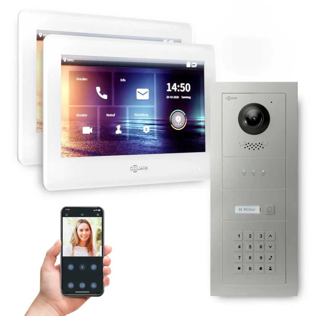 GOLIATH Hybrid 2-Draht BUS Türsprechanlage mit App 2x7 Zoll Weiß Keypad