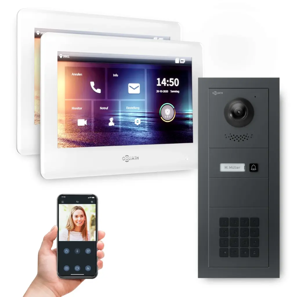 GOLIATH Hybrid 2-Draht BUS Video-Türsprechanlage Anthrazit 2x7 Zoll Weiß Keypad