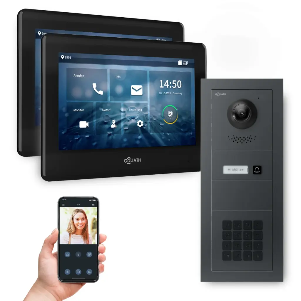 GOLIATH Hybrid 2-Draht BUS Videosprechanlage Anthrazit 2x7 Zoll Schwarz Keypad