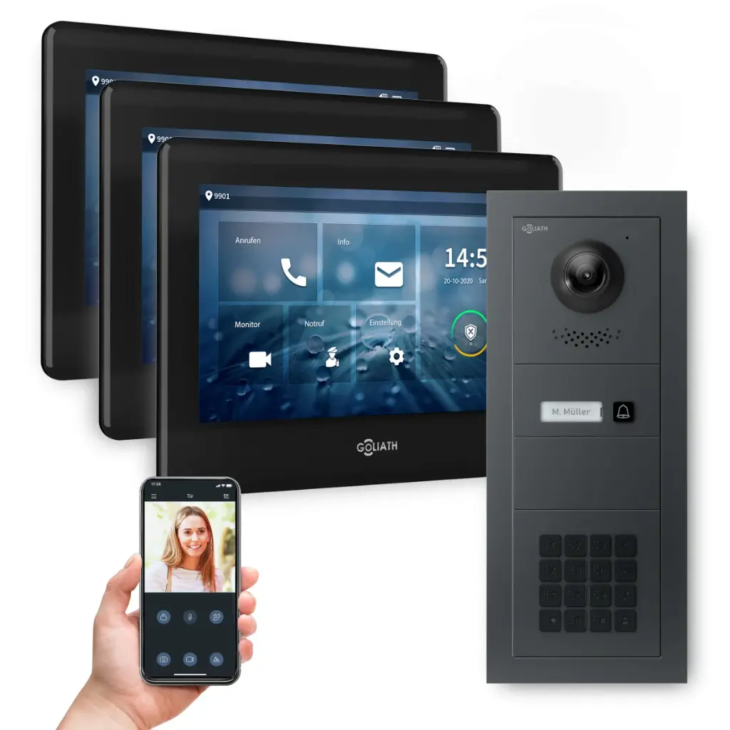 GOLIATH Hybrid 2-Draht BUS Videosprechanlage Anthrazit 3x7 Zoll Schwarz Keypad