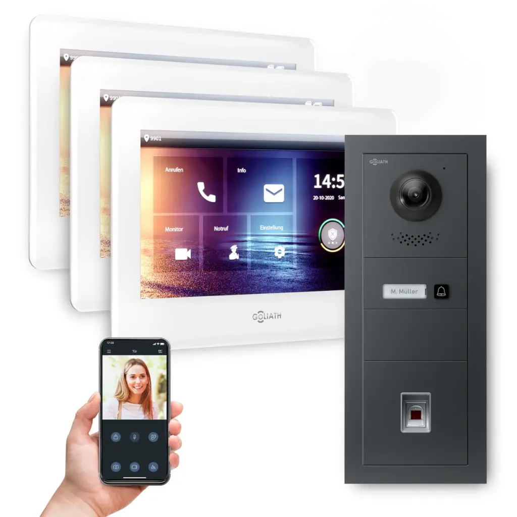 GOLIATH Hybrid 2-Draht BUS Videosprechanlage Anthrazit 3x7" Weiß Fingerprint