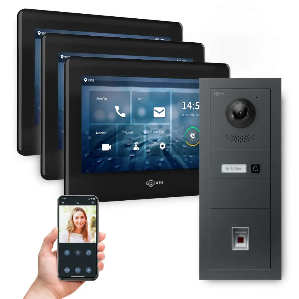 GOLIATH Hybrid 2-Draht BUS Videosprechanlage Anthrazit 3x7" Schwarz Fingerprint