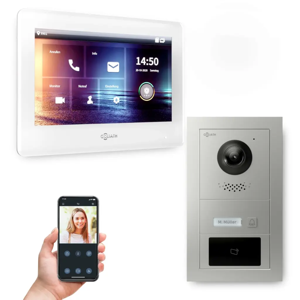Goliath Hybrid IP Video Türsprechanlage mit App 1 Fam Silber 7 Zoll Weiß