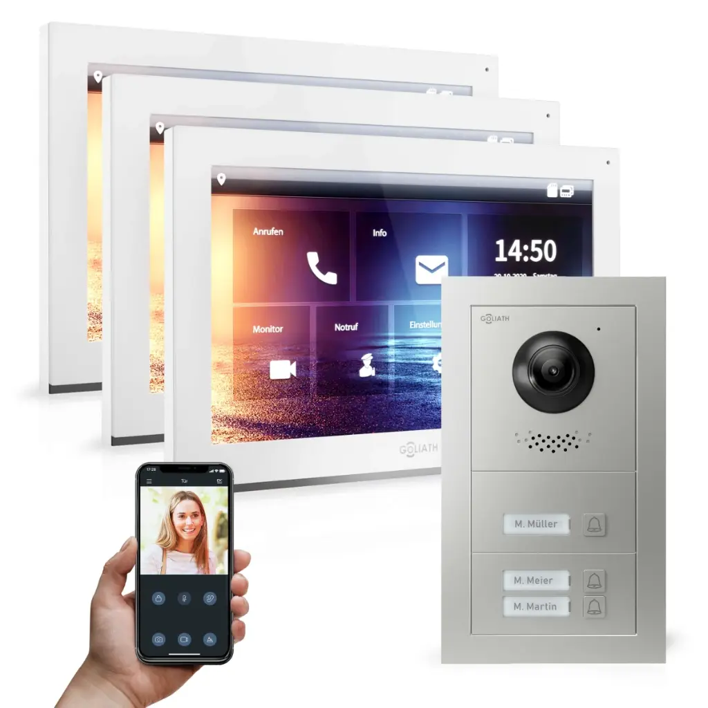 GOLIATH Hybrid IP Video Gegensprechanlage mit App 3-Familienhaus Set 3x 10 Zoll HD