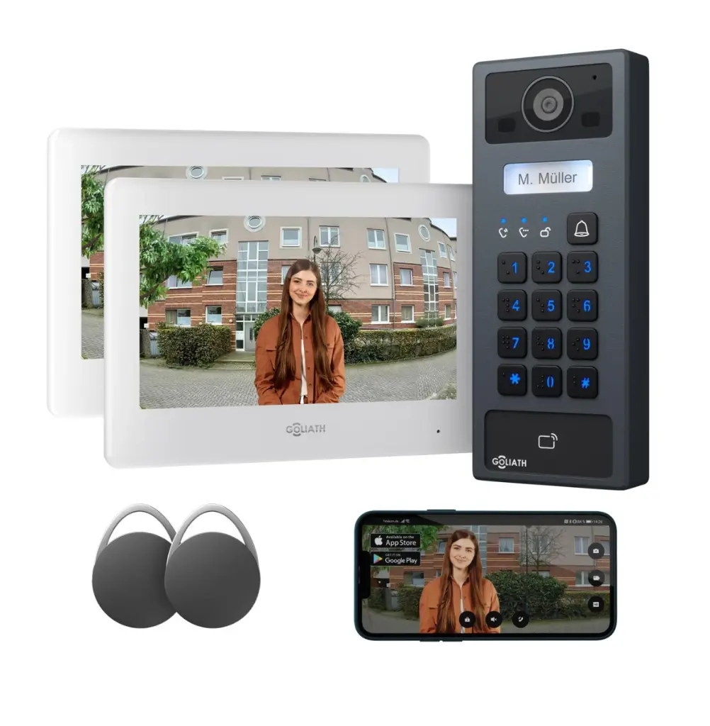 GOLIATH Basic 2-Draht BUS Türsprechanlage | FullHD | 2x 7" Schwarz | RFID & Keypad | 1-Familienhaus | Aufputz