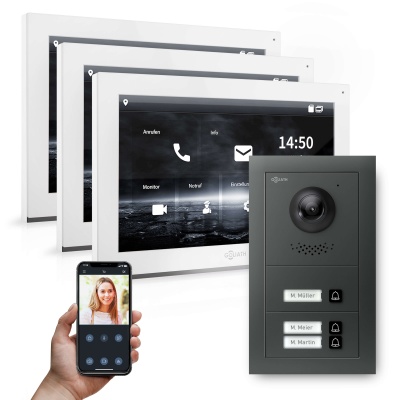 GOLIATH Hybrid IP Video Gegensprechanlage mit Anthrazit 3-Fam Set 3x 10" HD