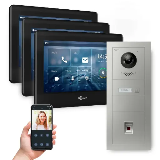 [AV-BUS-549] GOLIATH Hybrid 2-Draht BUS Videosprechanlage 3x7" Schwarz Fingerprint