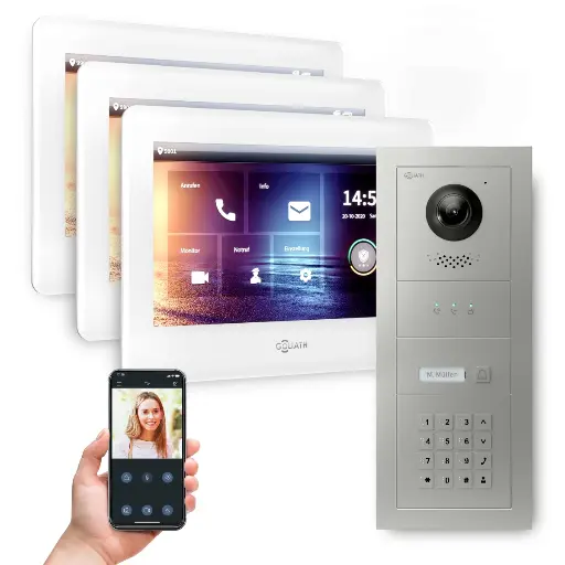 [AV-BUS-534] GOLIATH Hybrid 2-Draht BUS Videotürsprechanlage 3x7 Zoll Weiß Keypad 